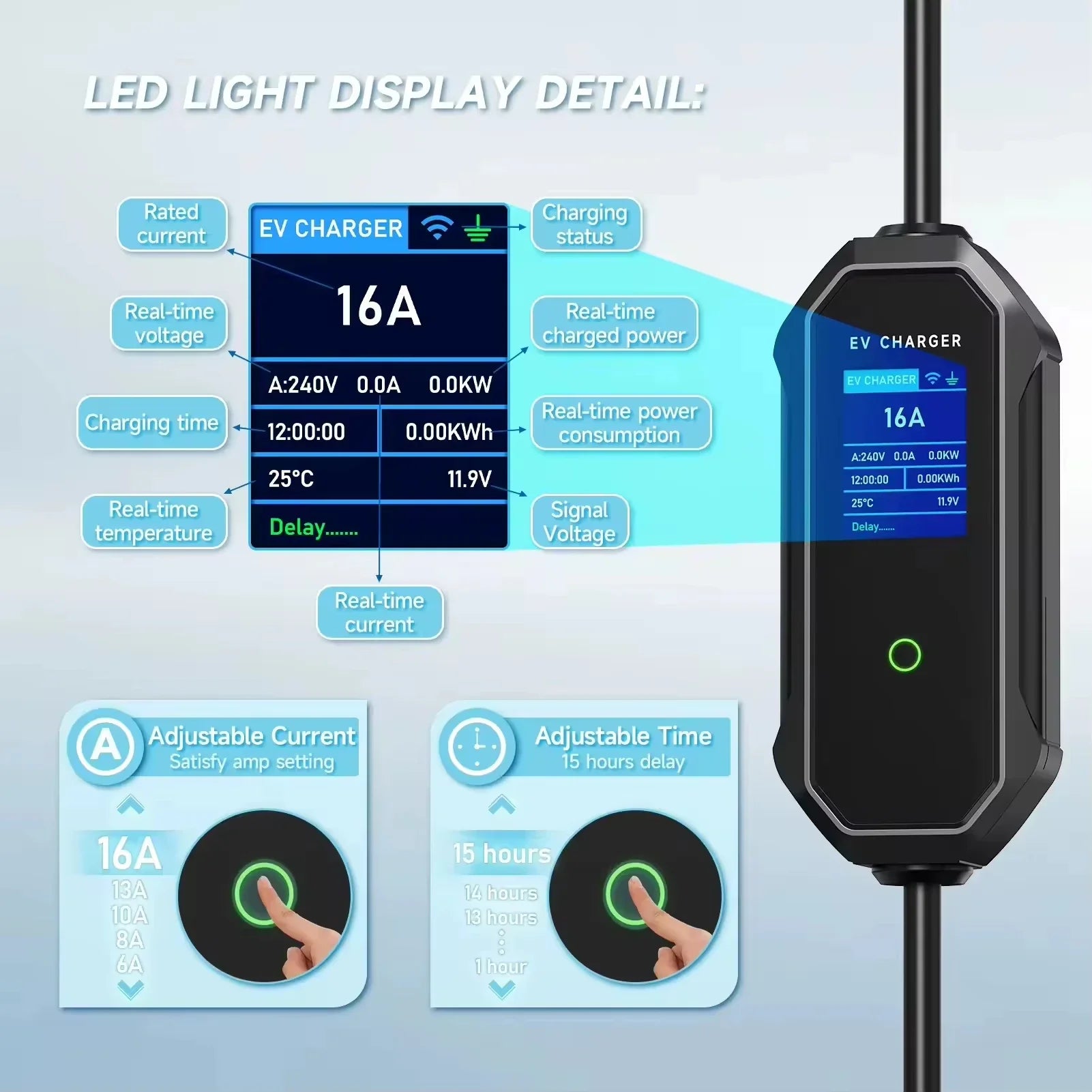 Cargador portátil EV 2026 Corriente de salida ajustable 8-32A Potencia máxima 22kW para cargador de vehículo eléctrico